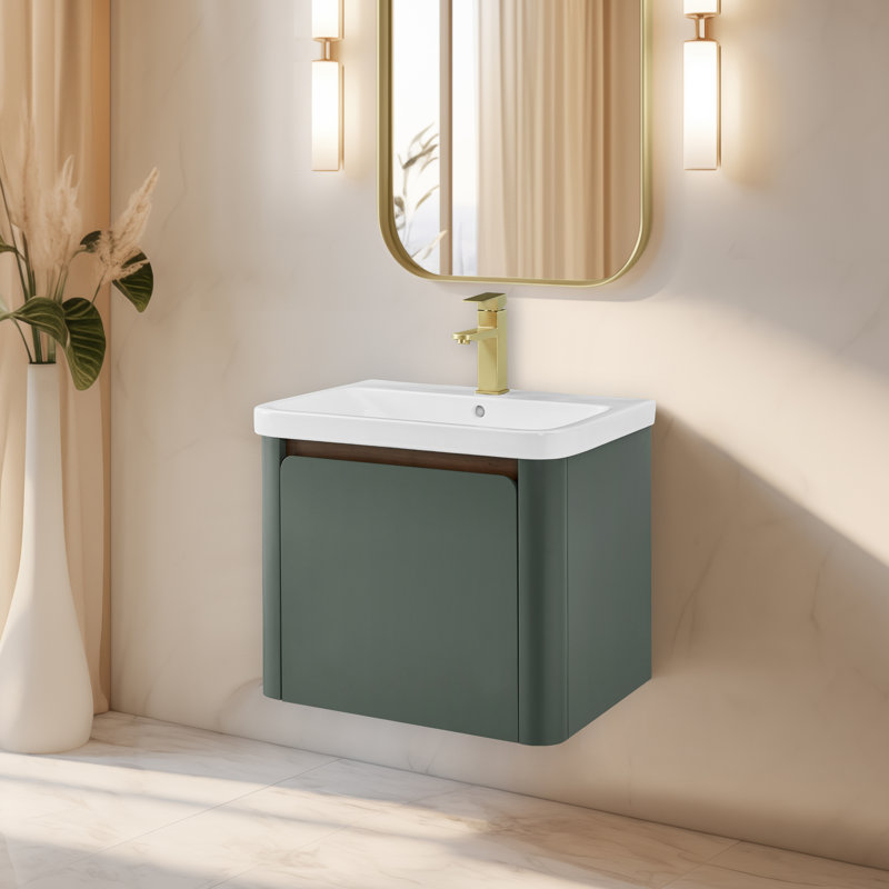 Barkley 24" Floating & Wall-Mounted Single Bathroom Vanity In Vintage Green With Ceramic Integrated Sink And Countertop