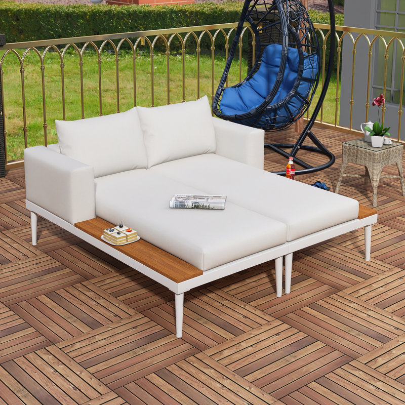 Lit de jour d'extérieur moderne en métal avec espaces en bois, Beige, Blanc