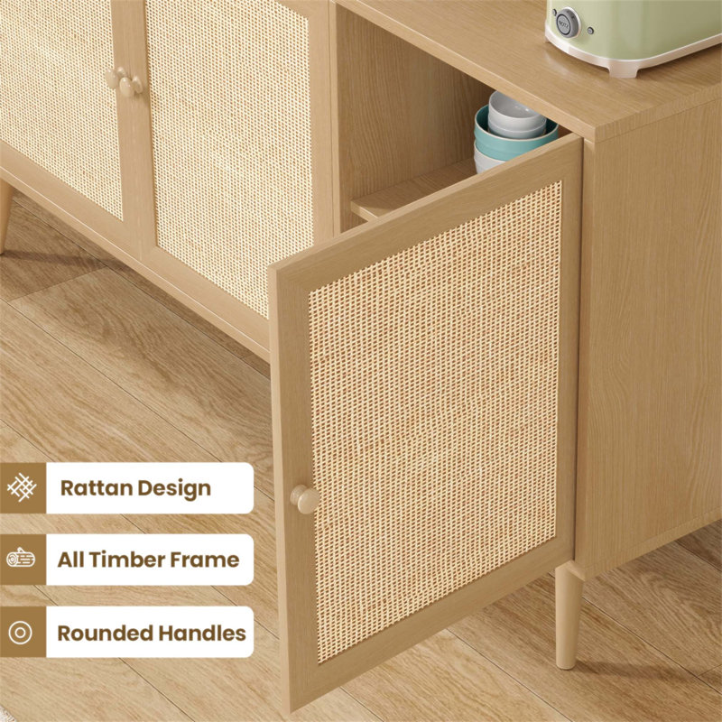 Buffet en rotin naturel avec 3 portes et grand rangement pour la cuisine et le salon modernes, Naturel
