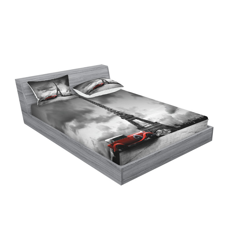 Ambesonne Eiffel Tower Fitted Sheet & Pillow Sham Grey Black Red, Cal King Sheet Set + 5 Additional Pieces