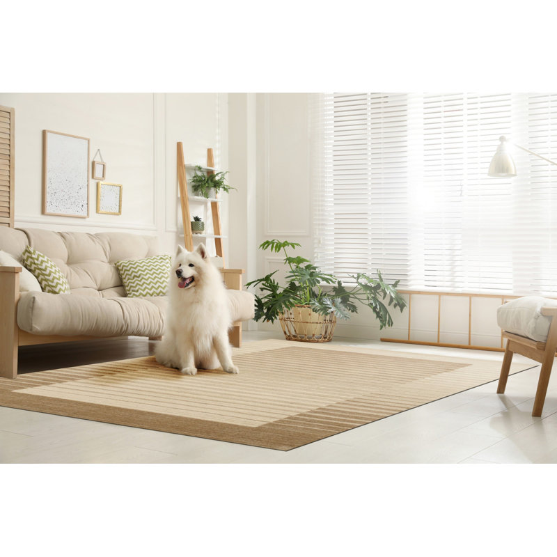 Ivory Hand-Knotted Wool Viscose Framed Horizon Stripe Geometric Modern Contemporary Carpet Rug, 8' x 10'