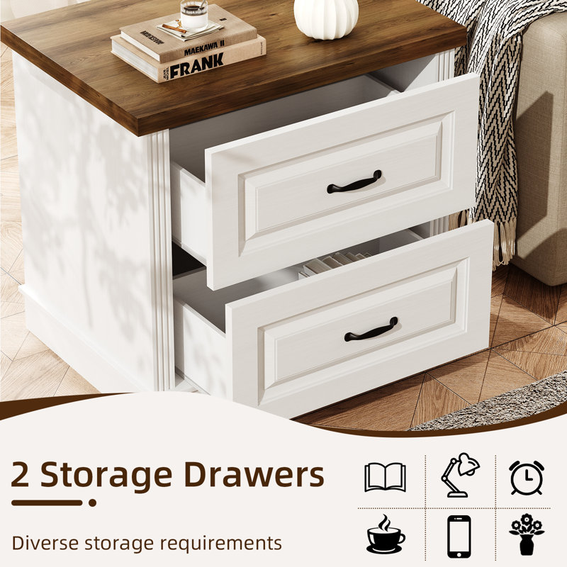 Modern Boucle Upholstered Curved Bed with 2-Piece Farmhouse Nightstand Set-3-Piece Bedroom Suite, White, King