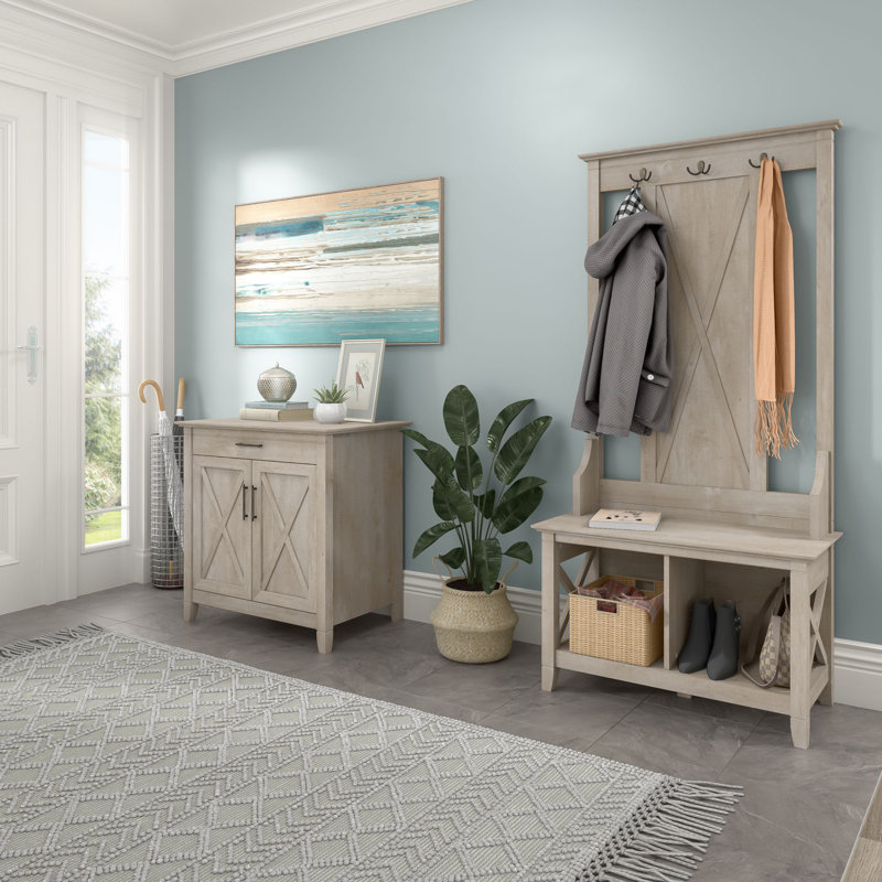 Huckins 31.7 " Wide Hall Tree with Drawers and Shoe Storage, Washed Gray