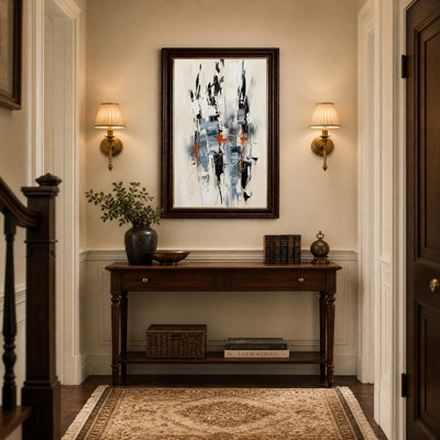 Tableau abstrait à coups de pinceau verticaux noirs, gris et rouille sur toile