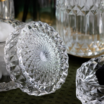 Ensemble d'accessoires de salle de bain en verre transparent 6PCS (distributeur de savon à lotion, porte-savon, porte-brosse à dents, gobelet, pot de coton-tige), cadeau rétro contemporain en cristal (6 pièces transparentes)