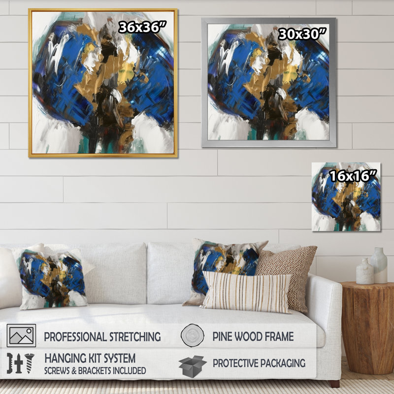 «Deep Knowing Abstract» en bleu royal et or I - art abstrait sur toile, peinture abstraite, Cadre flottant doré