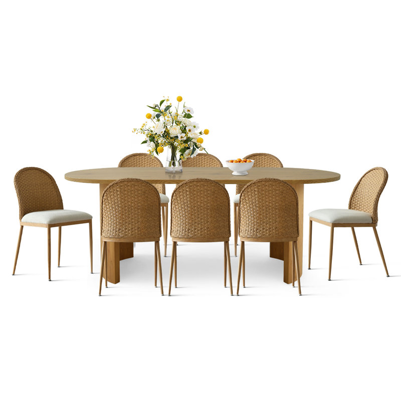 9 Piece Oval Dining Set with 8 Woven Rope Chairs