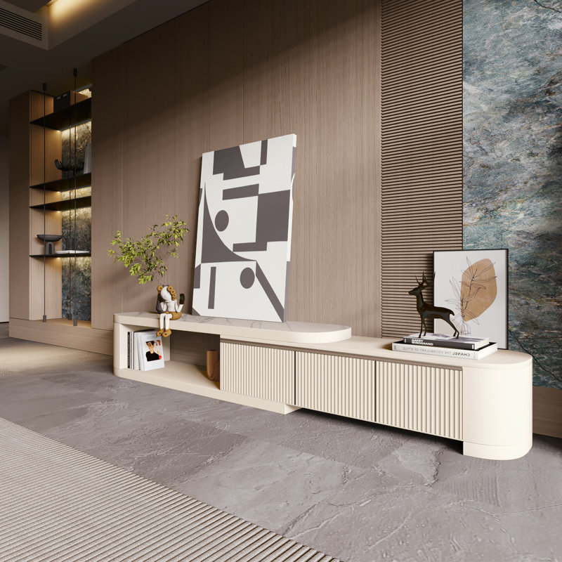 Extendable Modern Wood TV Stand With Faux Marble Countertop, Media Console With 3 Drawers, Fully Assembled
