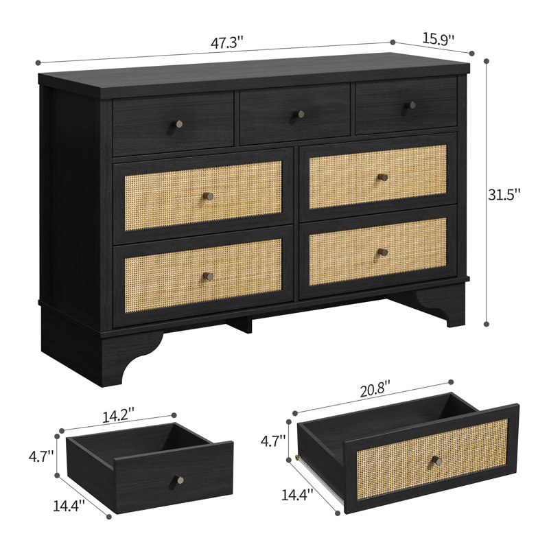 Commode double 7 tiroirs, commode en bois de 47,3 po de largeur avec organisateur de tiroir en bois avec base robuste pour le salon, l'entrée et le couloir
