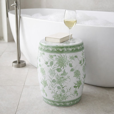 Tabouret de jardin décoratif en céramique de style chinoiserie - Tabouret d'appoint élégant pour l'intérieur et l'extérieur, ou repose-pieds - 43 cm, vert et blanc
