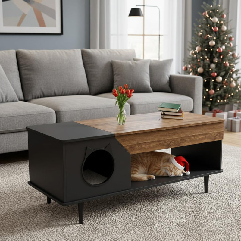 Table basse noire 45 po avec tiroir de rangement et table basse en bois avec chat, Brun