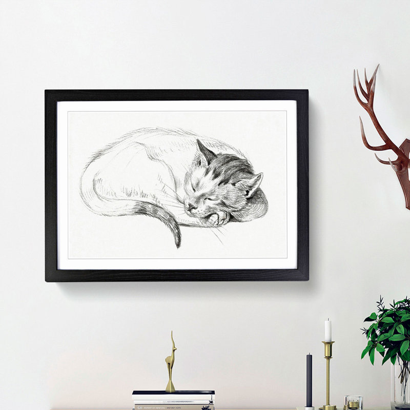 Sleeping Cat by Jean Bernard - Picture Frame Drawing Print, 27cm H x 36cm W x 2cm D, Black Framed