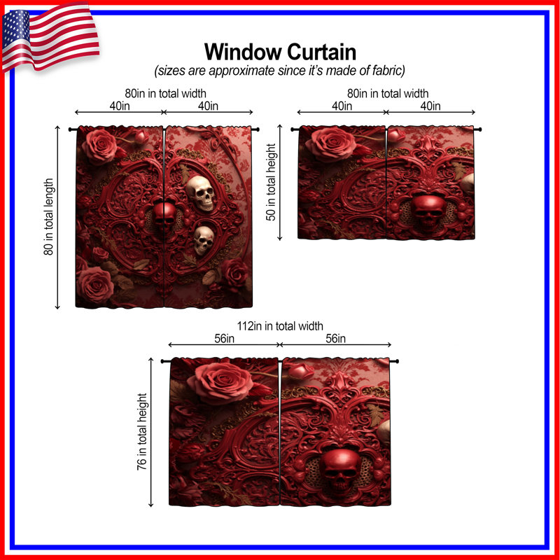 Rideaux de fenêtre Red Skull Roses, 40 po x 61 po - 2 panneaux, Transparent