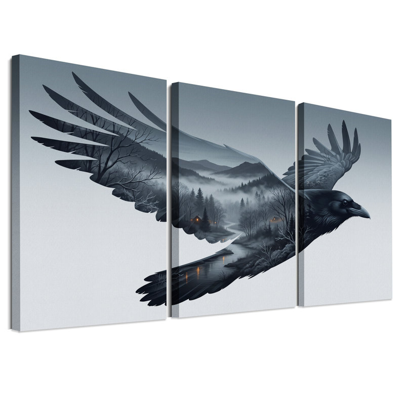 Ensemble de 3 toiles murales « Corbeau à double exposition : forêt brumeuse et rivière », H 30 po x l 20 po x 3 pièces
