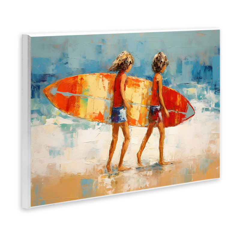 Enfants tenant une planche de surf par Petal Prints Design, H 10 po x l 15 po