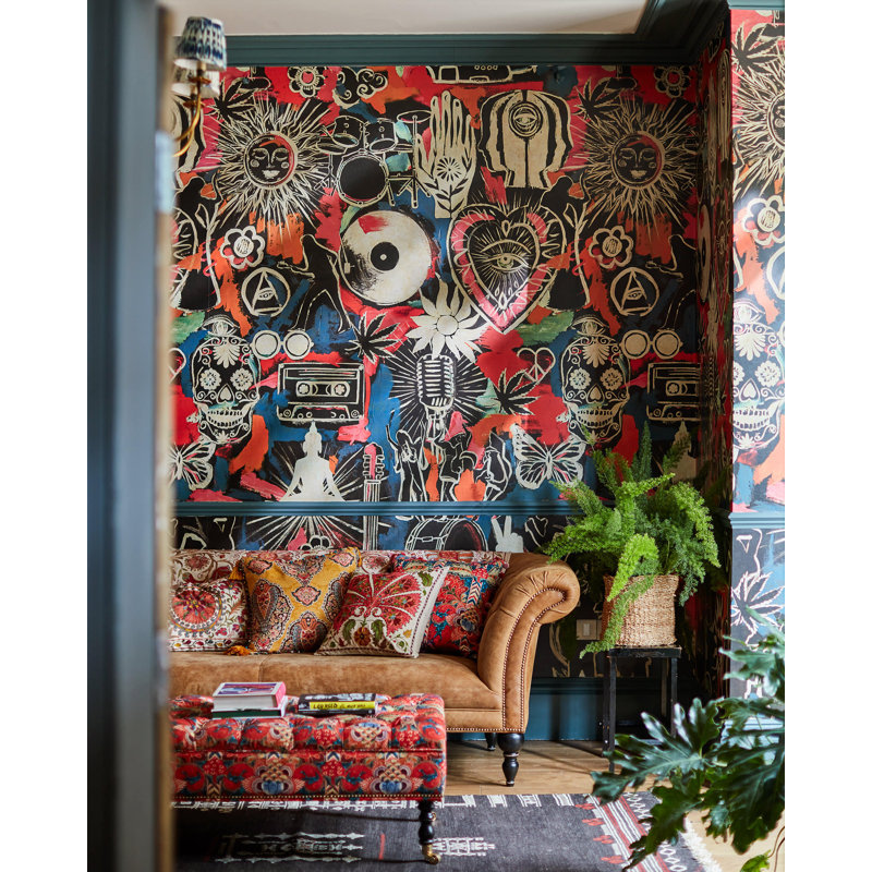 Woodstock Lifestyle Wallpaper Roll, Black/Blue/Pink/Taupe
