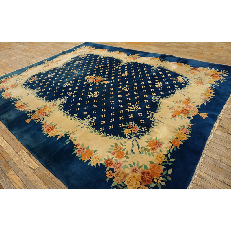 Tapis bleu antique en laine noué à la main de style art déco 1935