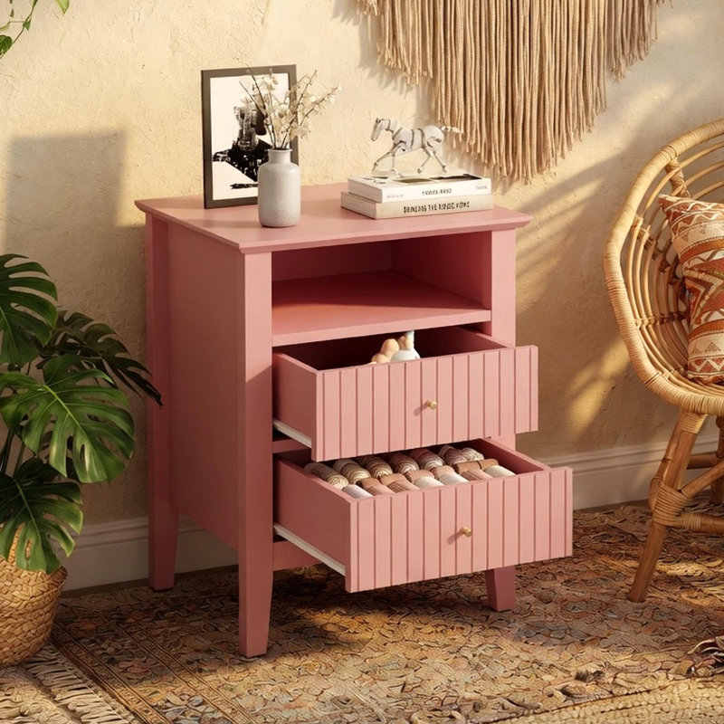 Ensemble de 2 tables de chevet 2 tiroirs, table de bout moderne avec rangement, Pink