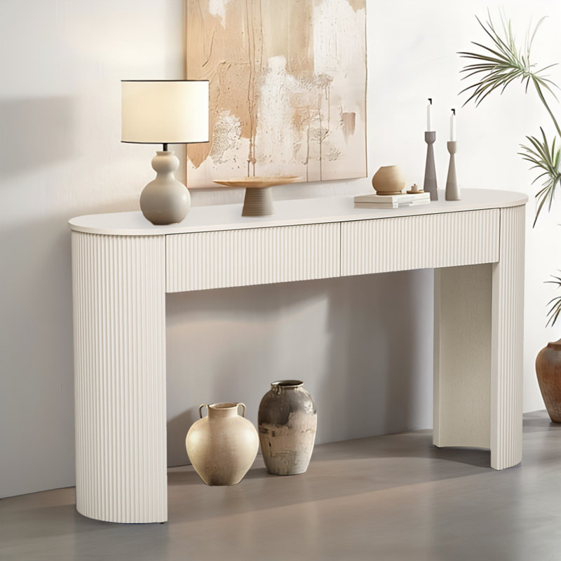 Chic Console Table With Curved Column Legs&Storage Drawers: Fluted Design For Entryway & Living Room, White