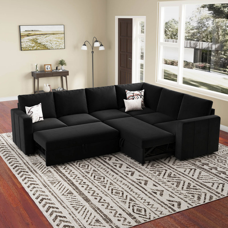 L-Shaped Modular Sleeper Sectional, Velvet - Black