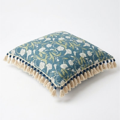 Boho Floral Decorative Throw Pillow with Tassel Trim for Indoor Accent Decor