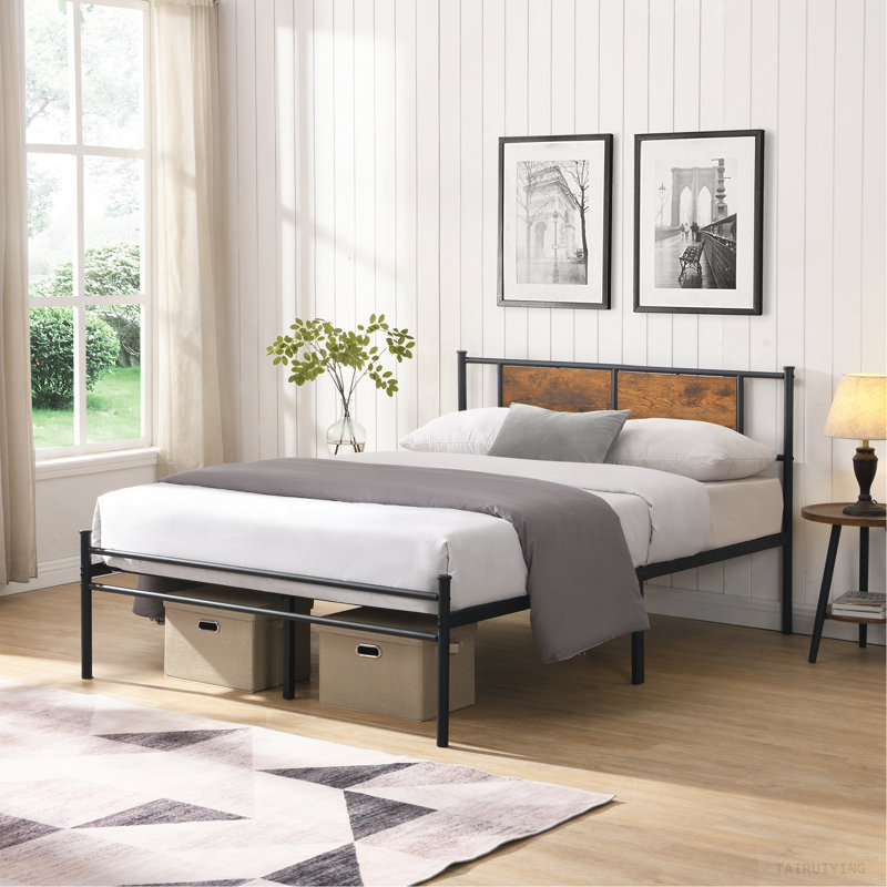 Cadre de lit en métal, tête de lit avec décoration en bois, noir, Lit double