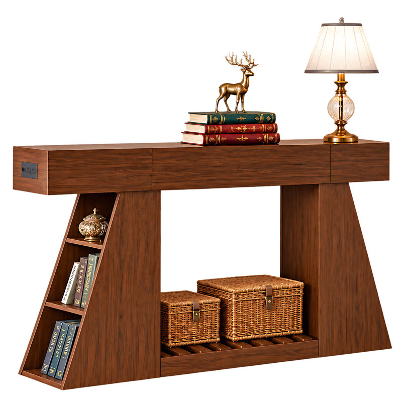 Console étroite de 152 cm avec prise électrique intégrée, table d'appoint rectangulaire de style ferme à placer derrière un canapé, aspect bois, avec compartiments latéraux et tablette de rangement ouverte à lattes pour l'entrée, le salon ou le couloir.