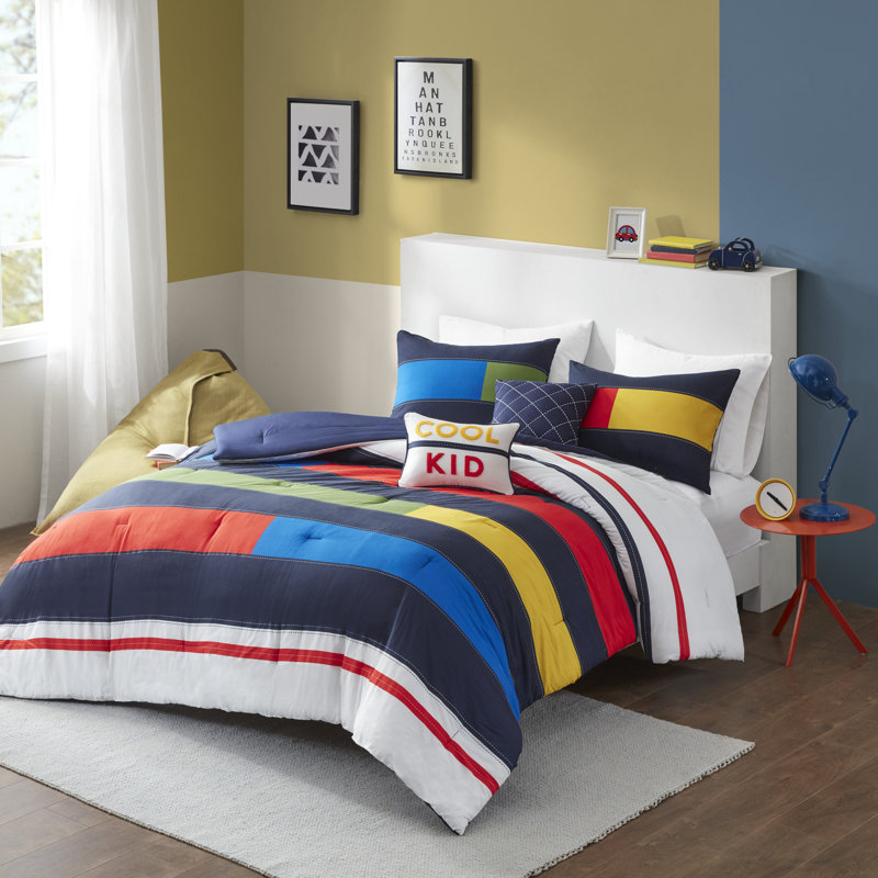 Morris Stripe Printed 100% Cotton 4-Piece Twin Comforter Set, Twin Comforter + 1 Sham + 2 Throw Pillows