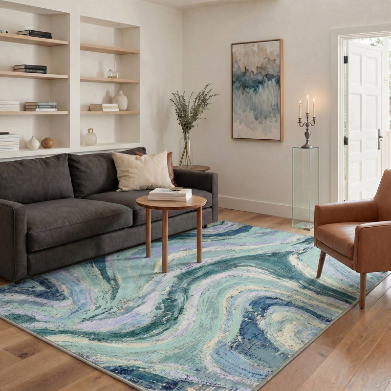 Tonicka Vortex Abstract Machine Washable Blue / Purple / Beige Indoor Area Rug with Non-Slip Backing, Rectangle 5' x 7'
