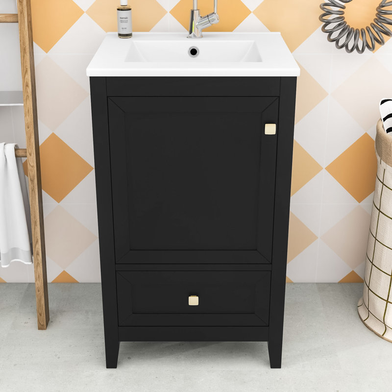 Meuble-lavabo simple autoportant moderne avec lavabo en céramique, tiroir et support de rangement, Noir