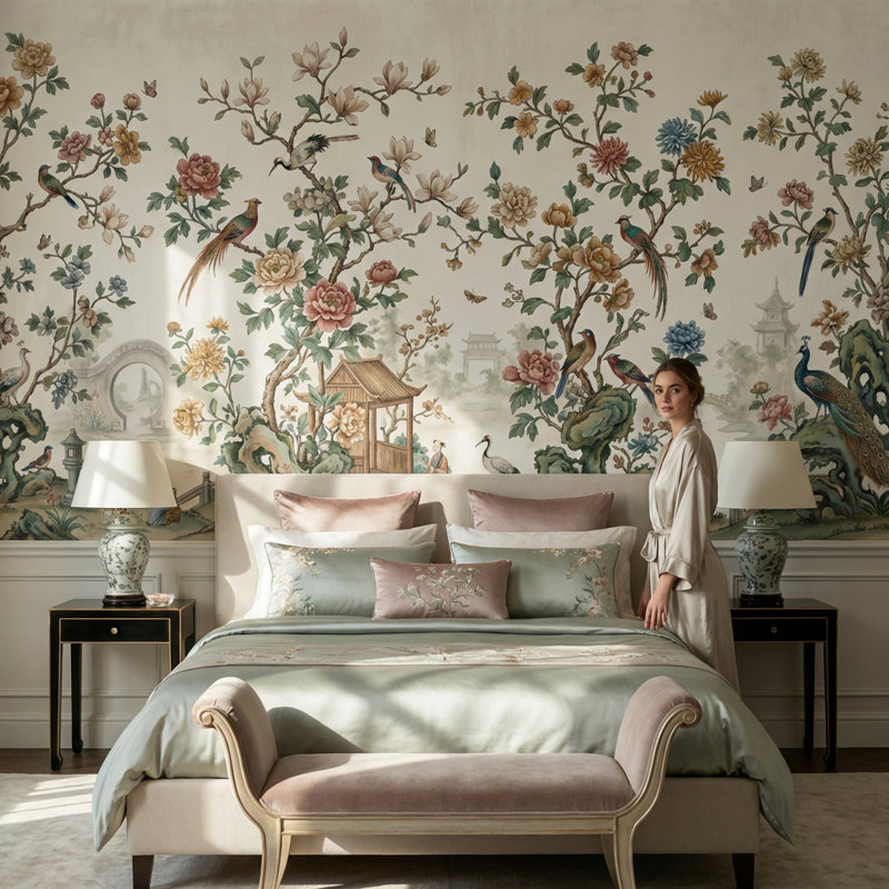 Papier peint chinois avec oiseaux chinoiserie, 100"x96", Peler et coller
