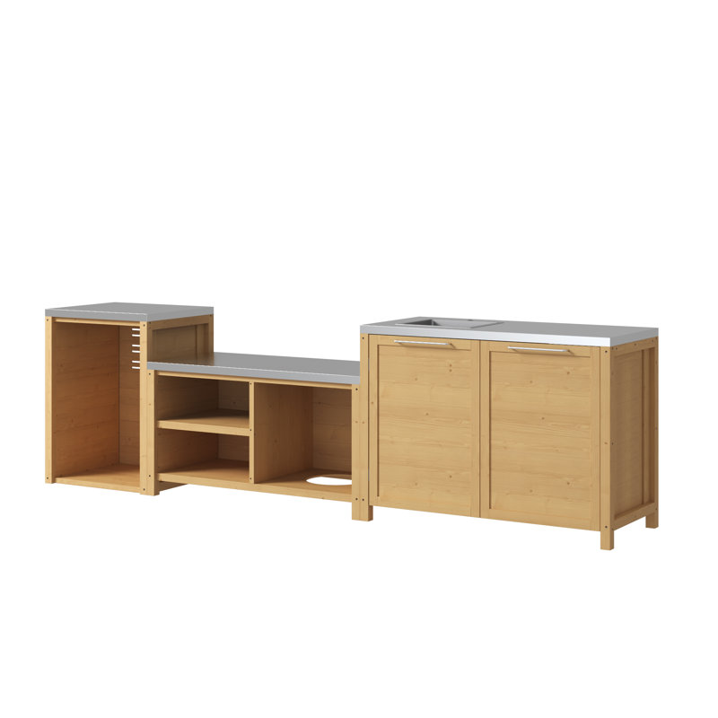 Ensemble de cuisine extérieure 3 pièces en cèdre naturel avec évier, espace barbecue et meuble réfrigéré, Brun