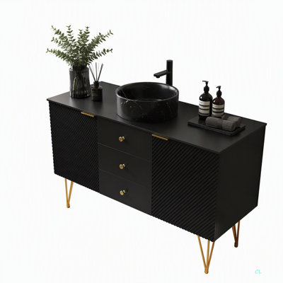 Meuble sous-vasque autoportant de 122 cm (48 po) en contreplaqué avec 3 tiroirs et 2 portes, plateau en pierre frittée, sans lavabo, sans robinet ni couvercle d'évier