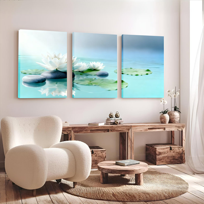 Ensemble de 3 tableaux sur toile tendue représentant des nénuphars et des pierres zen, H 18 po x l 36 po