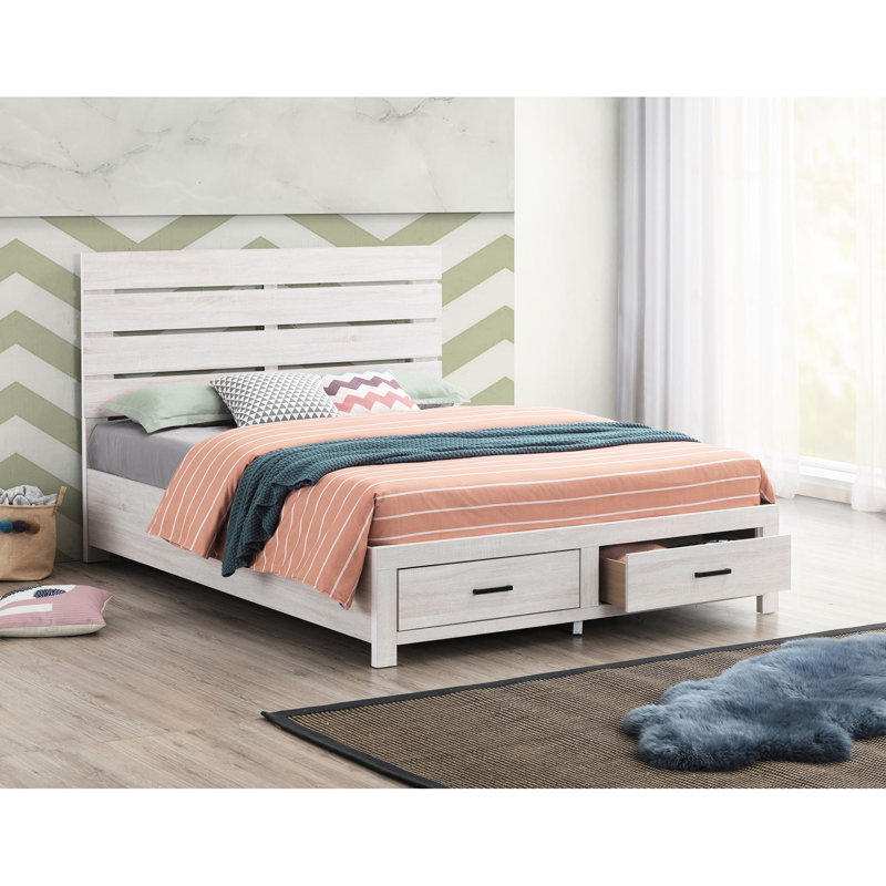 Eastern King Bed In Coastal White Tone, Slatted Headboard, Two Drawers, Wear - Finish, Bedroom Addition Feature Panel With Headboard And Concealed Storage, Solid Wood Attribute, Accent Attribute