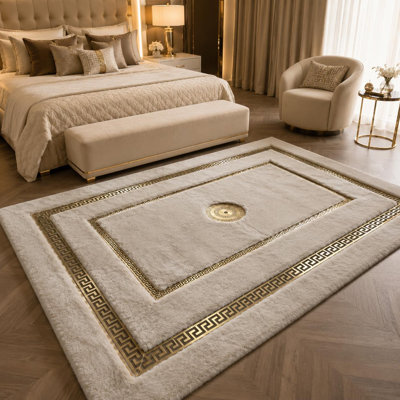 Ivory Gold Plush Rug, Greek Key Border Area Carpet, Soft Faux Fur Luxury Decor