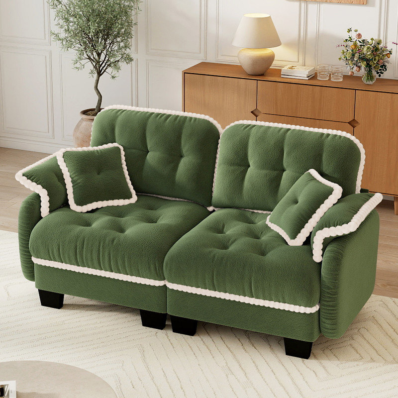 Canapé en chenille Cloud avec coussins et garniture à pompons, vert, 2 sièges, Vert