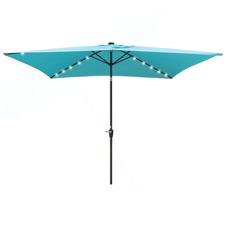 Parasol d'extérieur à DEL solaire 10 x 6,5T avec manivelle et bouton poussoir inclinable pour la cour, Turquoise