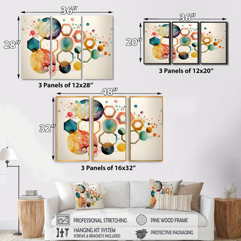 «Majesta Hexagon And Circular Abstract V», reproduction de 3 pièces sur toile, Cadre noir, H 28 po x l 36 po x P 1 po