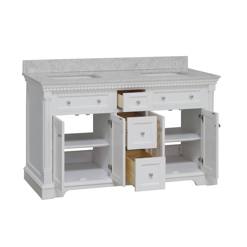 Fossen 60" Double Bathroom Vanity Set with White Cabinet and Carrara Marble Countertop, White, Carrara Marble