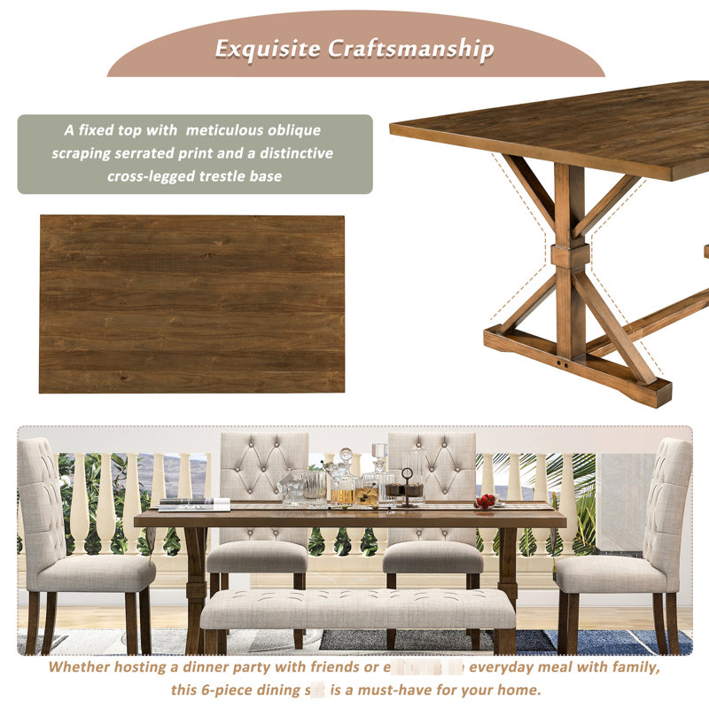 6 chaises avec table rectangulaire en noyer de 72 po, 4 chaises rembourrées rembourrées et un banc, chaises en bois, banc,