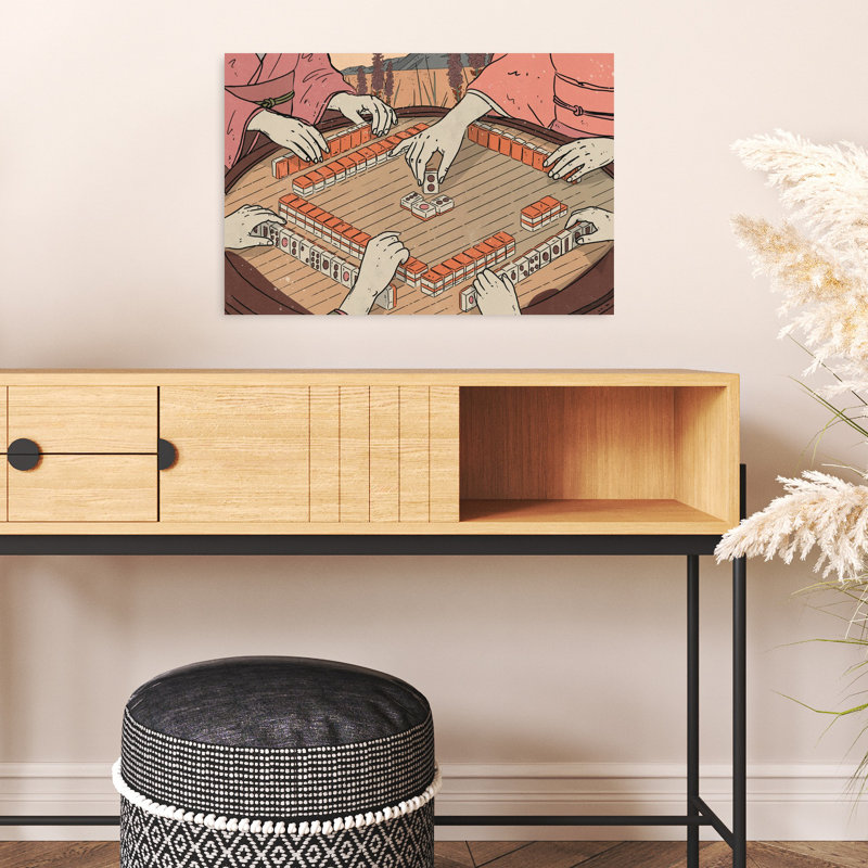 Femmes jouant au mahjong, art mural rétro traditionnel, paysage naturel, H 16 po x l 24 po