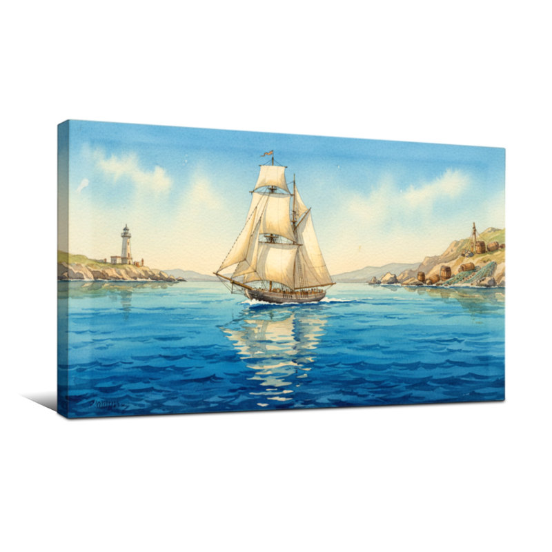 Nautique et plage, voilier sur mer calme avec phare, H 16 po x l 32 po