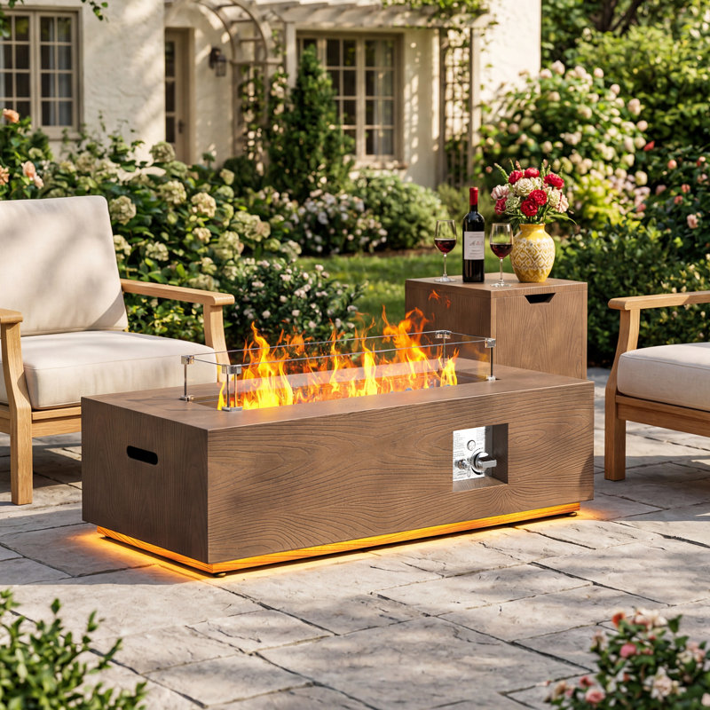 Table de foyer d'extérieur au propane à grain de bois de 12,6 po x l 42 po avec lumière DEL dorée, table de foyer d'extérieur de 50000 BTU avec accessoires complets