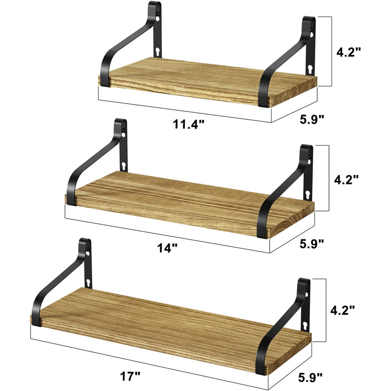 Floating Shelves For Wall Set Of 3, Rustic Wood Wall Shelves With Industrial Metal Brackets, Minimalist Display Shelves For Home Office Bedroom Bathroom Kitchen Storage And Decor