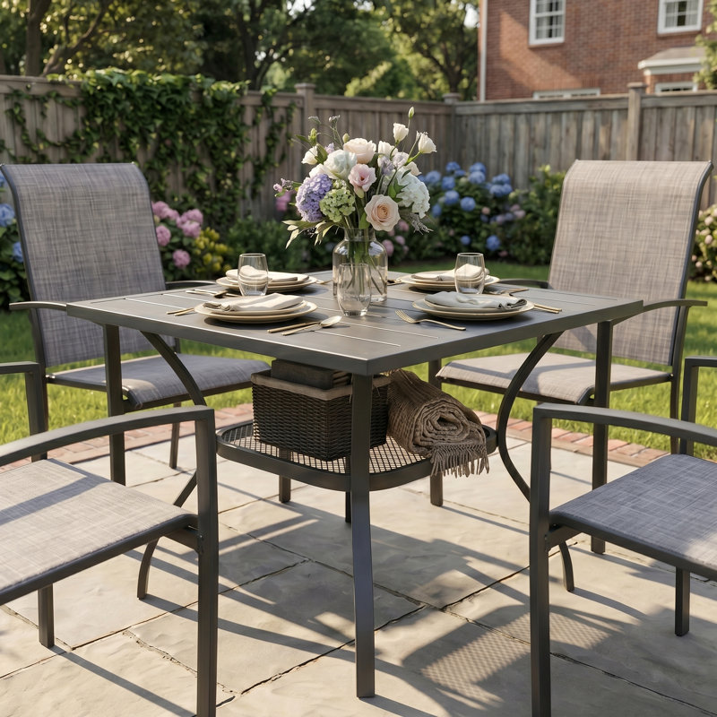 4-Person Square Patio Dining Set With Stackable Textilene Chairs, Gray/Gray