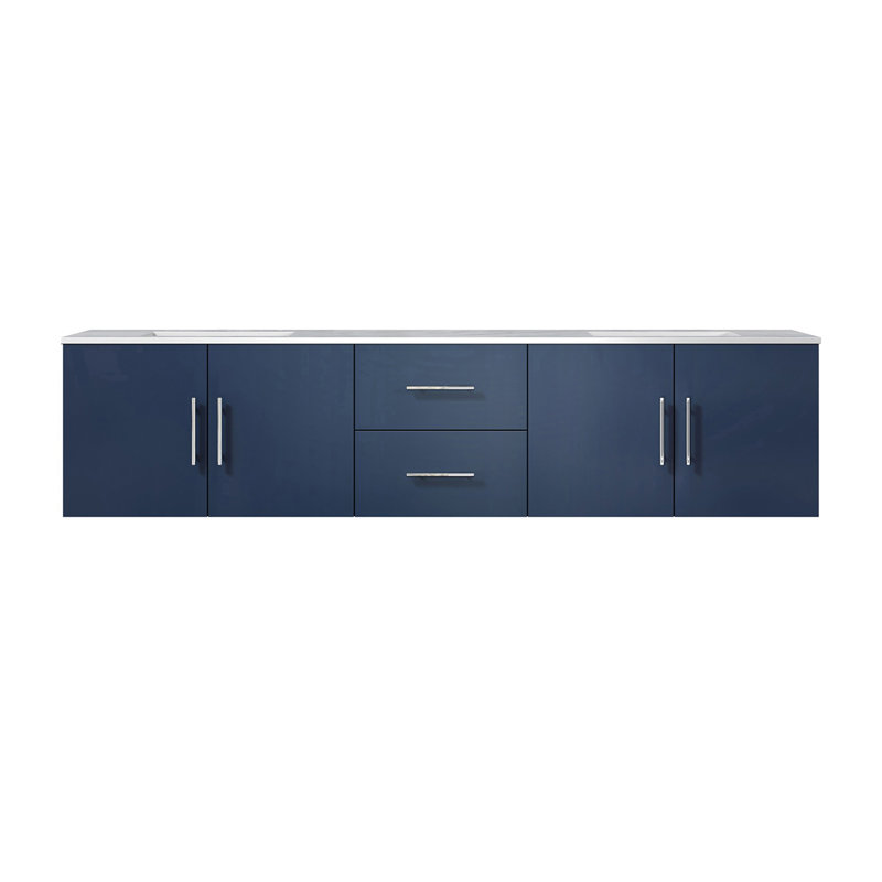Geneva 80" Double Vanity, Square Sinks And No Mirror, Navy Blue, White Carrara Marble
