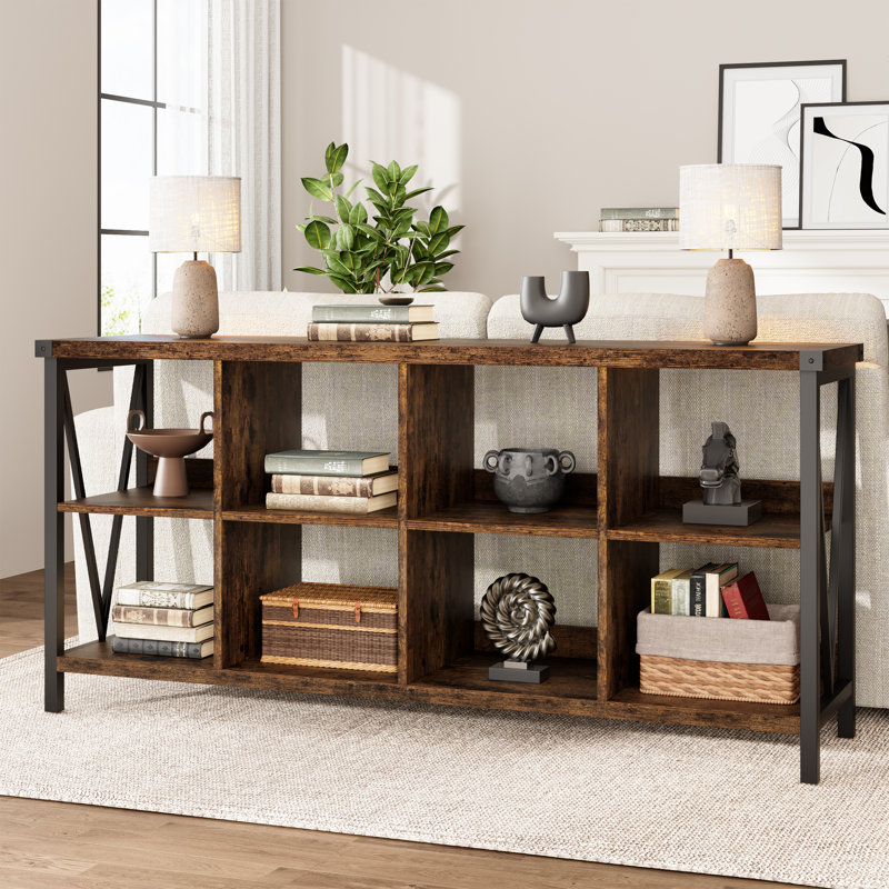 3-Tier 8-Cube Industrial Horizontal Bookshelf 62.2" | Low Metal Frame Console Shelf for Home Office, Living Room & Study