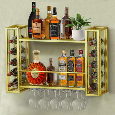 Metal Wall Mounted Wine Rack, Hanging Floating Bottle Holder With Glass Rack, Wall Display Storage Shelf For Home Bar, Dining Room, Kitchen, Gold