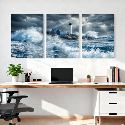 Ensemble de 3 toiles murales « Vagues déchaînées et phare »